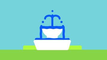 A simple fountain with streaming water stands on green grass beneath a clear sky, creating a relaxing and peaceful scene in nature video