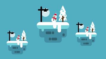 Three snowmen enjoy a snowy floating island surrounded by pine trees and lamp posts, creating a magical and whimsical winter illustration video