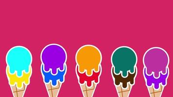 Five melting scoops of rainbow ice cream in cones are neatly lined up against a vibrant pink background, creating a fun summer vibe video