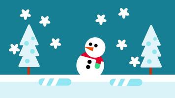 A cheerful snowman stands between pine trees as snowflakes fall, creating a joyful winter wonderland full of cold beauty and quiet charm video