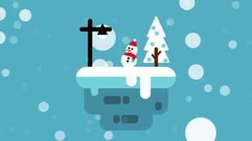 A snowman stands atop a snowy platform floating in a snowy sky with trees and a lamp post, creating a cozy winter-themed scene video