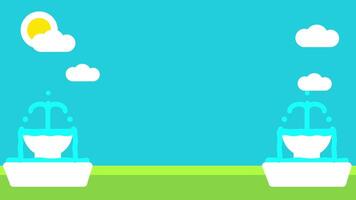 Two fountains stand beside each other under the sun with minimal shadows, radiating freshness and balance in a calm open space setting video