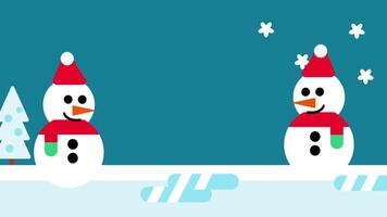 Two smiling snowmen stand together in a snowy field surrounded by snowflakes and pine trees, radiating joy and festive holiday cheer video