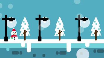 A small snowman walks near snowy lamp-lined paths between pine trees, creating a whimsical winter wonderland of joy and frosty charm video