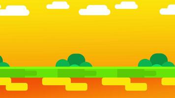 Sunset-themed blocky terrain featuring stylized trees on a warm golden-orange background for energetic, high-contrast scenery video