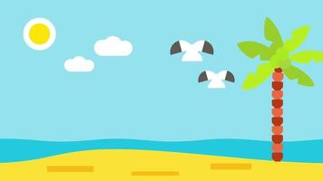 A flock of birds fly over a sunny island with a palm tree by the sea, surrounded by clouds and ocean waves under a bright blue sky video