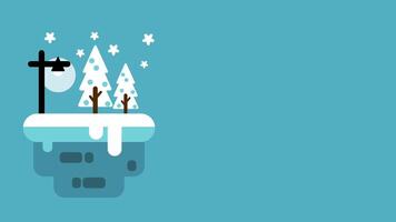 A snowy island platform floats in the night sky with a lamp post and pine trees, capturing the stillness and cold of a winter dreamscape video