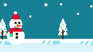 A jolly snowman with a red hat stands in a snowy field surrounded by pine trees, radiating happiness and warmth in the cold winter air video