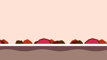 A simplistic desert landscape with stylized red hills and scattered boulders over dark sandy terrain and soft sky video