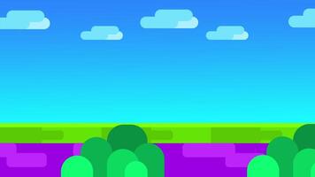 A blocky pixel-style forest design with cartoonish trees and a clear sky, suggesting a lighthearted game level or retro animation video