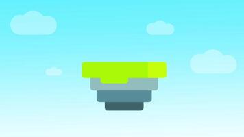 Stylized green floating platforms suspended under a bright sky filled with fluffy clouds, ideal for platformer game settings, video