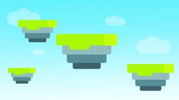 Multiple floating landmasses with grass tops and blue shaded rock bases suspended in a clear sky with soft clouds video