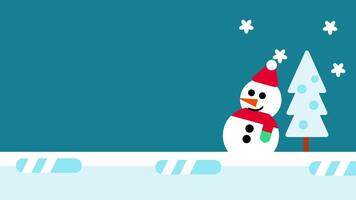 A happy snowman with a red hat enjoys the snowy landscape and pine tree backdrop as snowflakes fall in this festive winter illustration video