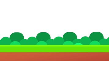 A flat landscape with dark soil and stylized green bushes against a light gray sky, evoking a clean and minimal forest edge video