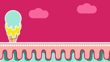 A pastel pink ice cream-themed background with a waffle-textured ground and dripping sugary topping, featuring a floating cone video