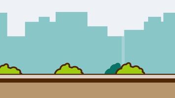 A flat urban skyline with soft blue buildings and greenery at the base, offering a calm cityscape scene in art style video