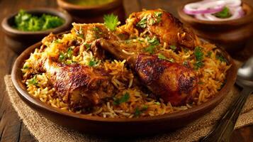 Hot biryani with crispy chicken and sharp natural light wallpaper photo
