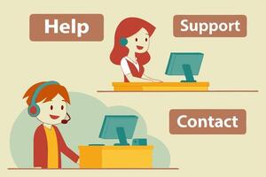 Call center characters in headphones, symbolizing customer service, support, and contact. Ideal for customer service platforms, tech support, and communication solutions. vector