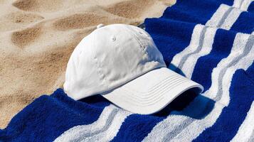 White Cap Resting on a Blue Striped Towel on Sandy Beach During Sunny Afternoon photo