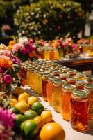 Colorful Display of Homemade Fruit Preserves at an Outdoor Market in Springtime photo