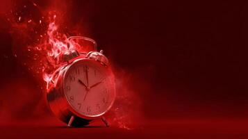 Unique Red Alarm Clock Surrounded by Vibrant Smoke Creating a Striking Visual Effect photo