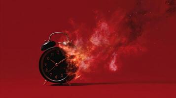 Clock Bursts Into Flames Against a Red Background Conveying Urgency and the Passage of Time photo