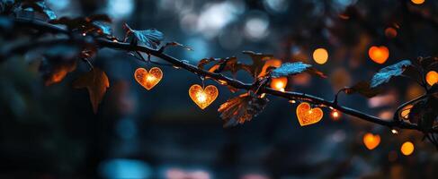 Heart-shaped Decorations Hang From Tree Branches in a Serene Autumn Setting During Sunset. photo