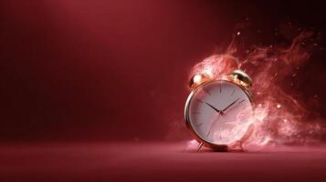 Clock Bursts Into Flames Against a Red Background Conveying Urgency and the Passage of Time. photo