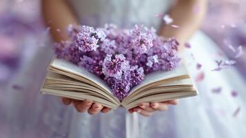 Holding a Book Filled With Lilac Flowers in a Dreamy Setting During Spring photo