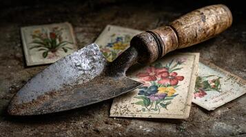 Gardening Tools and Vintage Plant Cards on Rustic Table in Warm Lighting Setting. photo