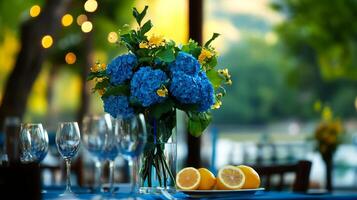 Elegant Dinner Table Setting With Blue Flowers and Fresh Lemons in a Serene Restaurant Atmosphere photo