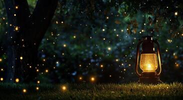 Warm Glow of Lantern Attracting Fireflies in a Serene Garden at Night photo