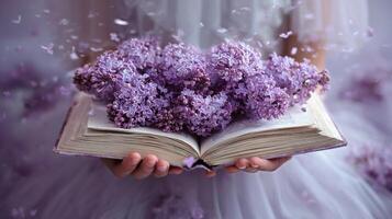 Holding a Book Filled With Lilac Flowers in a Dreamy Setting During Spring. photo