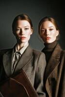 Two Women in Stylish Business Attire Pose Elegantly Against a Dark Background During a Fashion Shoot photo