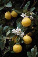 Lemon Tree Branch With Ripe Fruit and Blossoms Against a Blurred Background in a Sunny Garden. photo