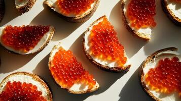 Delicious Toast Topped With Creamy Spread and Vibrant Fish Roe in Bright Lighting. photo