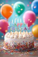 Celebrate a Joyful Birthday With a Colorful Cake and Festive Decorations in a Party Setting photo