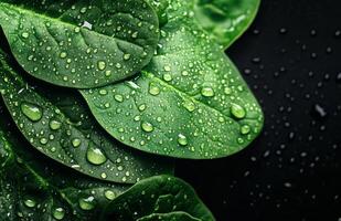 Close-up of Fresh Spinach Leaves With Water Droplets Shining in Natural Light photo