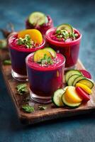 Refreshing Beetroot and Cucumber Drinks Served in Glasses on Wooden Platter. photo