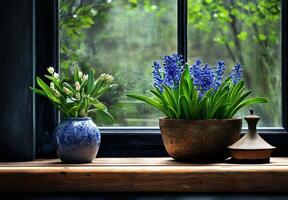 Bright Purple Flowers in Woven Basket on Window Sill With Soft Sunlight Filtering Through. photo