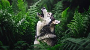 Siberian Husky Howling Amidst Lush Green Ferns in a Forest at Dusk. photo