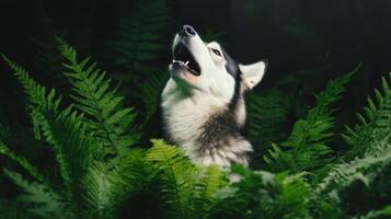Siberian Husky Howling Amidst Lush Green Ferns in a Forest at Dusk photo