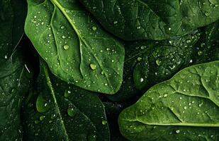 Fresh Green Spinach Leaves Glistening With Water Droplets After Recent Rain photo