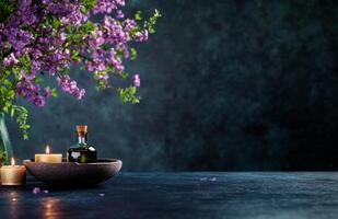 Beautiful Lilac Bouquet With Candles and Olive Oil on a Dark Textured Surface photo