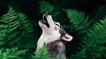Husky Howling in Lush Green Ferns During a Sunny Day in the Forest. photo