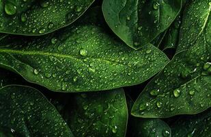 Close-up of Fresh Spinach Leaves With Water Droplets Shining in Natural Light. photo