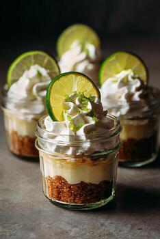 Delicious Key Lime Pie Desserts in Mason Jars With Whipped Cream and Lime Slices photo
