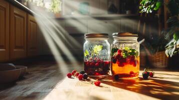 Bright Sunlight Streaming Through Kitchen Window Illuminating Jars of Fruit and Herbs on Wooden Surface photo