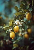 Lemon Tree Branch With Ripe Fruit and Blossoms Against a Blurred Background in a Sunny Garden photo