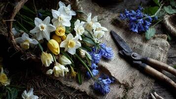 Bright Spring Flowers Arranged in a Woven Basket With Garden Scissors on Burlap Fabric. photo